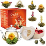 Creano Coffret Cadeau Fleurs de Thé Mix dans une Boîte en Bois en Forme de Coeur | 6 Sortes de thé Blanc y Compris Théière en Verre 500ml