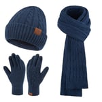 Femme Hiver Bonnet Chapeau Écharpe Écran Tactile Gants Ensemble Chaud Tricot Polaire Doublé Casquette Foulard Gant Cadeaux de Noël Anniversaire pour Femmes