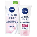 NIVEA Soin De Jour 24H Hydratant Nourrissant FPS15 (1 x 50 ml), crème hydratante visage enrichie en beurre de karité, soin visage femme pour peaux sèches