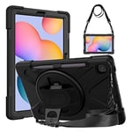 Gerutek Coque Antichoc pour Samsung Galaxy Tab S6 Lite 10,4" (2024/2022/2020), SM-P620/P625/P613/P619/P610/P615, Étui Robuste avec Support Rotatif, Dragonne, Bandoulière, Housse pour Tab S6 Lite, Noir