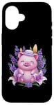 Coque pour iPhone 16 Cochon en style dessin animé kawaii avec lavande et lys