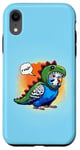 Coque pour iPhone XR Dinosaure perruche blanche bleue habillée comme un dinosaure