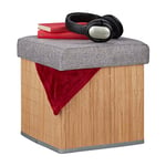 Relaxdays Tabouret Rangement, rembourré, Pliable, Bambou, Tissu, HxLxP : 36 x 35 x 35 cm, Repose-Pieds, Nature-Gris