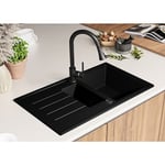 Evier Cuisine 90 x 50 cm, Evier en Granit 1,5 bac + Kit de Vidage, Evier a Encastrer de Primagran Noir - black