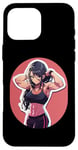 Coque pour iPhone 16 Pro Max Fille aux cheveux noirs de style anime et manga faisant preuve de souplesse dans une tenue de sport