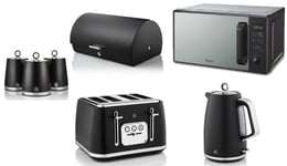 Swan Serenity Black Kettle Toaster Digital Microwave Bread Bin & Canisters Set