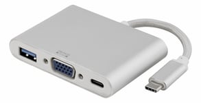 DELTACO PRIME USB-C VGA:lle ja USB A:lle, USB-C portti lataukseen, hopea