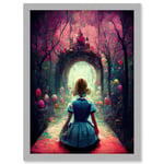 Alice In Wonderland Through Looking Glass Enchanted Pink Forest Artwork Framed Wall Art Print A4