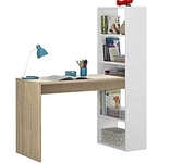 Dmora Scrivania Denton, Multifonction réversible avec bibliothèque 5 étagères, Table d'étude ou Bureau Porte-Livres, 120 x 53 x 144 cm, Blanc et chêne, Panneau mélaminé 15 mm