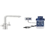 GROHE Blue Pure Minta Kitchen Sink 3 Ways Pull Out Mixer Tap with S-Size Filter Starter Set (High L-Spout 360° Swivel, Tails 3/8 Inch, Cartridge Capacity 600 L, Easy to Fit), Stainless Steel
