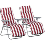 Lot de 2 chaises longues bains de soleil ajustables pliables transat lit de jardin en acier rouge + blanc
