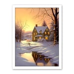 Artery8 Sunrise Winter Cottage Landscape Oil Painting Snowy Countryside Snow Lake Trees Artwork Framed Wall Art Print 18X24 Inch