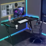 Bureau Gaming en Z-Forme avec Tapis de Souris, Porte-gobelet et Crochet pour Casque, Bureau Gamer 140x60cm, met LED+télécommande - Einfeben