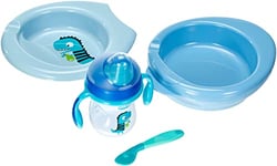 Chicco Coffre Repas - Lot de 2 Assiettes pour Bébé dont 1 pour Aliments Chauds, et 1 pour Aliments Faciles à Manger, plus une Tasse d'Apprentissage et une Cuillère Souple, dès 6 Mois, Bleu