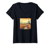 Womens Whet Fields With Windmills Vintage Landscape Graphic V-Neck T-Shirt