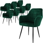 Ecd Germany Lot de 8 Chaises de Salle à Manger avec Dossier et Accoudoirs, Vert Foncé, Chaises de Cuisine avec Revêtement en Velours, Pieds en Métal