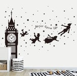 Runtoo Peter Pan Wall Decals Big Ben Clock Never Grow Up Quotes Stars Wall Stickers Baby Nursery Room Kids Bedroom Wall Decor [Black]