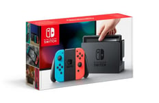 Console Nintendo Switch noire avec manettes Joy-Con droite rouge néon et Joy-Con gauche bleue néon