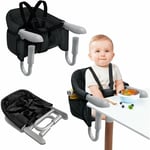 Siège de table bébé noir rehausseur chaise haute enfant pliable avec poignée antidérapante & ceinture de sécurité & sacs de rangement chaise haute