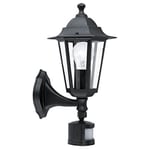 EGLO Outdoor Wall Lamp Laterna 4, 1 Bulb Exterior Wall Lighting, 6 Panel Lantern incl. Motion Detector, made of Cast aluminium and Glass, Colour: Black, Socket: E27, IP44