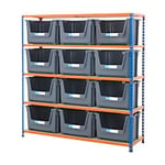 BiGDUG Premium Large Stacking Pick Bin Kit with 5 Levels and 12 Grey Bins Chipboard, Steel 1600 x 1525 x 455 mm Blue, Orange