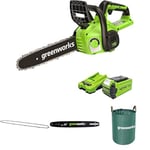 Greenworks 40V 30cm Tronçonneuse Avec Batterie 40V 2Ah et Chargeur + Greenworks 30cm Chaîne de remplacement + Greenworks barre de remplacement de 30 cm + Sac à déchets de jardin Greenworks 120 L