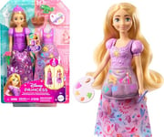 Mattel Disney Princess Toys, Rapunzel Fashion Doll with 2 Looks, 9 Accessories, 2 Snap-On Bodices & 2 Skirts, 2-in-1 Stories Inspired by Disney Tangled, JBG09