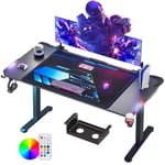 Himimi Bureau Gaming LED, 180 x 70 cm Grande Bureau Gamer, Bureau Informatique Ergonomique avec Table Gaming en Fibre de Carbone, Rangement,Tapis de Souris, Porte-gobelet et Crochet pour Casque, Noir