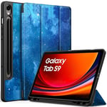 EasyAcc Coque Compatible avec Samsung Galaxy Tab S9 FE 10,9Pouces/S9 11 Pouces 2023 avec Pen Porte-Stylet,Étui de Protection Ultra Fin Housse en TPU avec Auto Réveil/Sommeil,Ciel étoilé Bleu