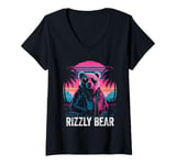 Womens Rizzly Bear Synthwave Retrowave Aesthetic 80s Vibes V-Neck T-Shirt