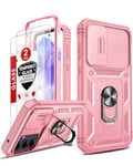 LeYi Coque pour Samsung A55 5G avec 2*Verre Trempé+Anneau Support, Full Protection de la Caméra en PC Dur Anti-Chut Renforcée Armor Heavy Duty Antichoc Bumper Housse Etui Galaxy A55 5G-Rose