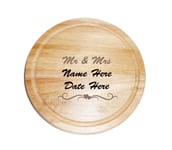 Mr & Mrs Chopping Board-Round, Laser Engraved With Any Name & Date - Heart Desig