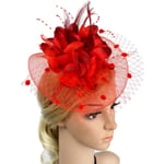 Damernas Fascinator Pillbox Hatt Kvinnor Blomma Bowler Hatt Fjäder Bröllop Cocktail Hatt Hårclips Fest Hatt Håraccessoarer med Hårslinga red