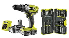 Ryobi R18PD3-215GZ 18 V ONE+ Cordless Combi Drill Starter Kit (2 x 1.5 Ah) & RAK30MIX Mixed Drilling and Driving Bit Set, 30 Piece