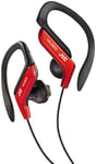 JVC Casque de Sport HA-EB75-RN-U avec Crochet réglable. Réglage 5 Positions, résistant aux éclaboussures, Son Puissant avec Graves, câble 1,2 m Compatible avec Smartphone, Couleur Rouge