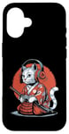 Coque pour iPhone 16 Japon Kawaii Cat Samurai Casque Casque Manette de Jeu Vidéo