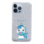 Coque Iphone 13 PRO paillettes argent licorne bleu personnalisee