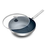 Blue Diamond Triple Steel, Wok de 28 cm/3,6 l en Inox avec Revêtement Antiadhésif en Céramique, Couvercle, Sans PFAS, Compatible avec l'Induction, Résistant au Lave-vaisselle et au Four, Argent