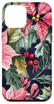 Coque pour iPhone 12 mini Poinsettias rouge vif avec houx et feuilles vert foncé