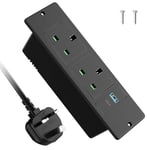 Recessed Power Strip with USB C PD20W, Desk Power Socket with USB, Power Extension Lead 2 Outlets 2 Screws, Hidden in Furniture Desk Table, 2M/6.6FT Cable, Black