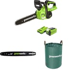 Greenworks 40V 30cm Tronçonneuse Avec Batterie 40V 2Ah et Chargeur-G40CS30IIK2 + Greenworks barre de remplacement de 30 cm + Sac à déchets de jardin Greenworks 120 L