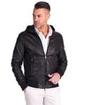 D'Arienzo Bomber Veste Cuir Noir Homme Capuche Agneau Cuir Véritable Made in Italy Biancolino 46/S/Noir