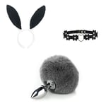 Plush Small Hairball Tail Rabbit Ears Headband Collar Choker Stainless Steel Metal Head Fancy Dress Necklace Cosplay Halloween Toys - L