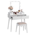 ANWBROAD Coiffeuse Table de Maquillage avec 10 LED Ampoules Lumière Dimmable Miroir et Tabouret Tabouret 4 tiroirs et 1 Organisateur de Rangement Amovible Pieds en Bois Massif Tabouret Blanc BDT06W