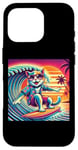 Coque pour iPhone 16 Pro Chat amusant surfeur hawaïen coucher de soleil tropical paradis surfeur