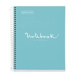 Miquelrius - Cahier A5 Carnet de Notes Emotions, 120 Feuilles 90 g/m², Rayure horizontale de 7 mm, 5 Bandes de couleur, Spirale microperforée, Couverture extra-dure, 2 Trous, Couleur Bleu Ciel