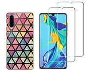 NOVAGO Compatible avec Huawei P30 -Pack 2 en 1-Coque Souple Solide Anti Choc avec Impression + 2 Films Protection écran Verre trempé résistant (Coque+2Films, Triangles)