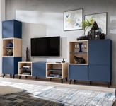 komodee, Ensembles de Meubles TV Fondi, 3 armoires, bleu, bois clair, 173 x 35x 272 cm, style scandinave, pour salon, bureau