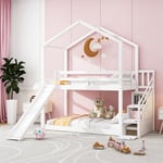 Redom - Lit cabane pour enfant, lit superposé avec toboggan et échelle de rangement, cadre de lit superposé en bois massif avec sommier à lattes 90 x