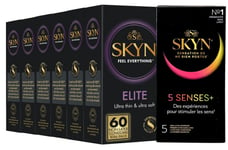 SKYN Elite Preservatifs Sans Latex Lot de 60, 6x10 + 5 Gratuites de 5 Senses